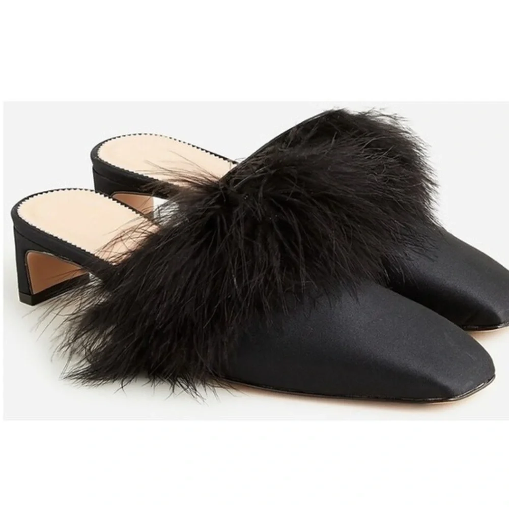 ✅ J Crew Mule Heels Layla in Black Feathers